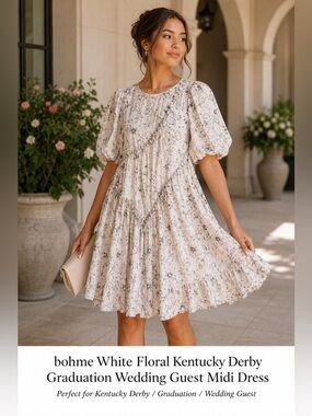 bohme White Floral Graduation Spring Wedding Guest Midi Dress Size Small